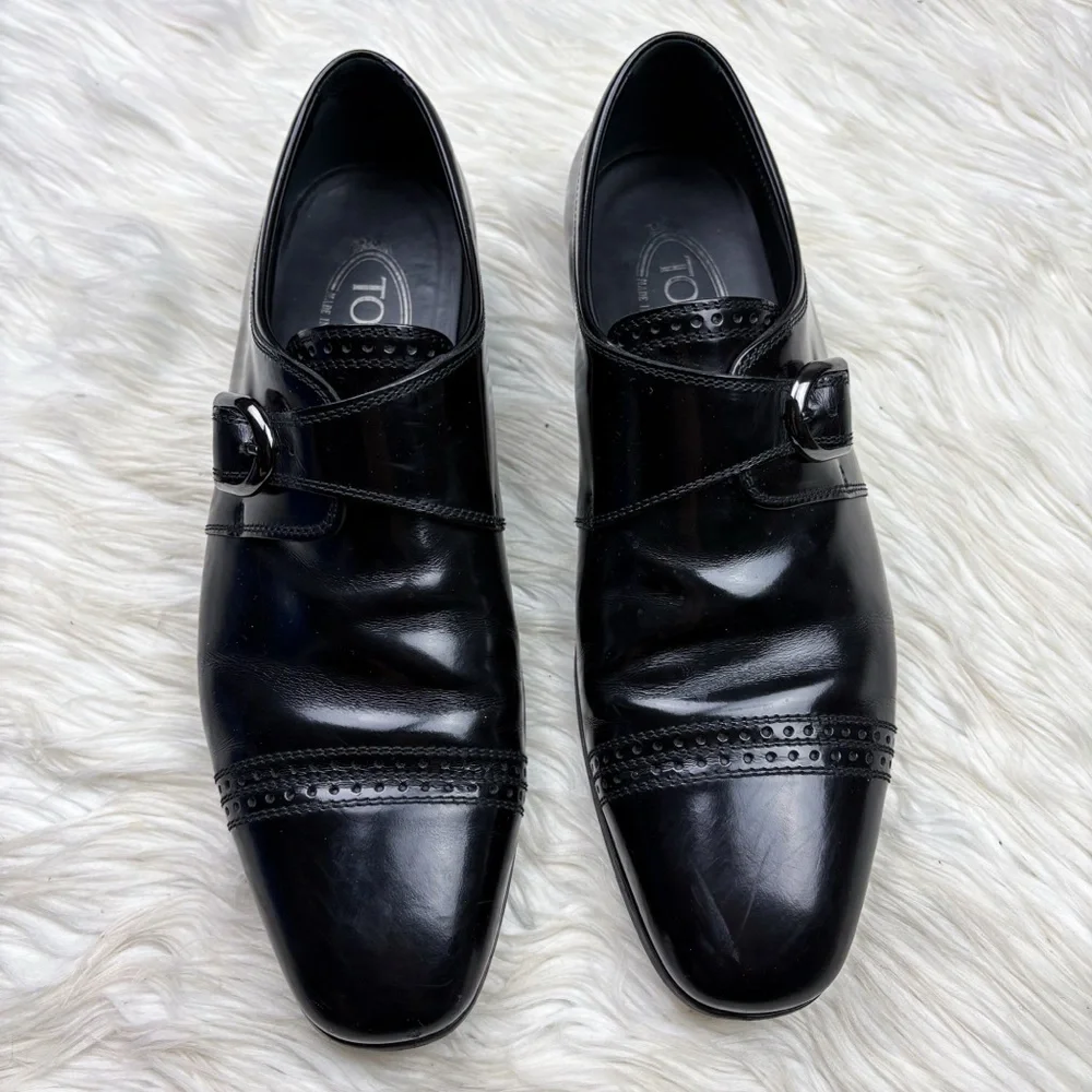 Tods Leather Monk Strap Shoe Shiny Black Mens Size 8 Almond Toe Oxford Buckle